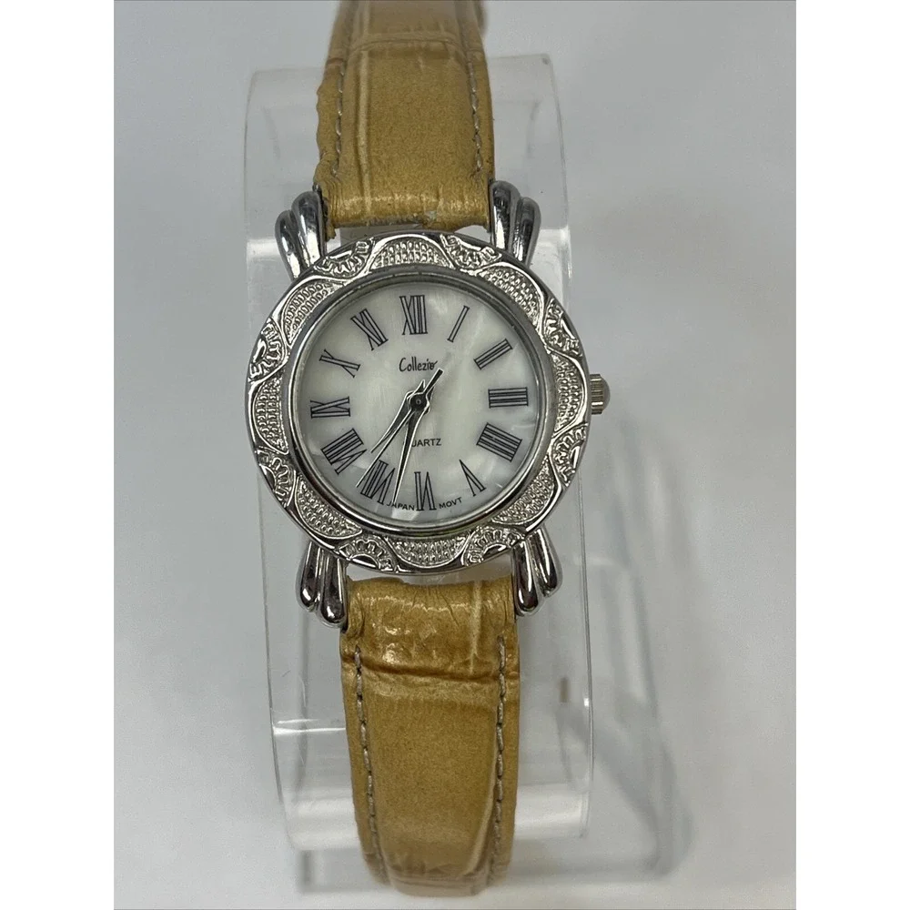 Collezio Women's Quartz Watch MOP Dial Tan Leather Band Silver Case- New Battery